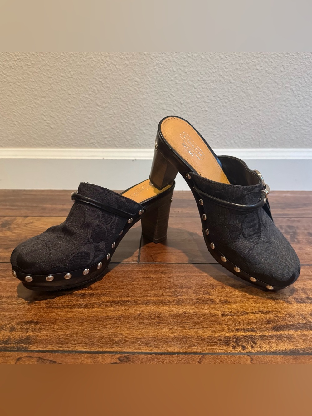 Coach Signature Black Studded Clog Mules - SHASHA